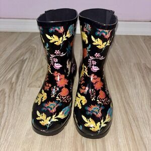 Nomad Floral Print Waterproof Rubber Rain Boots Black Women's Size 9 NWOT
